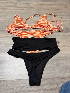 SHEIN Orange Zebra Print & Black Two-Piece Bikini Set
